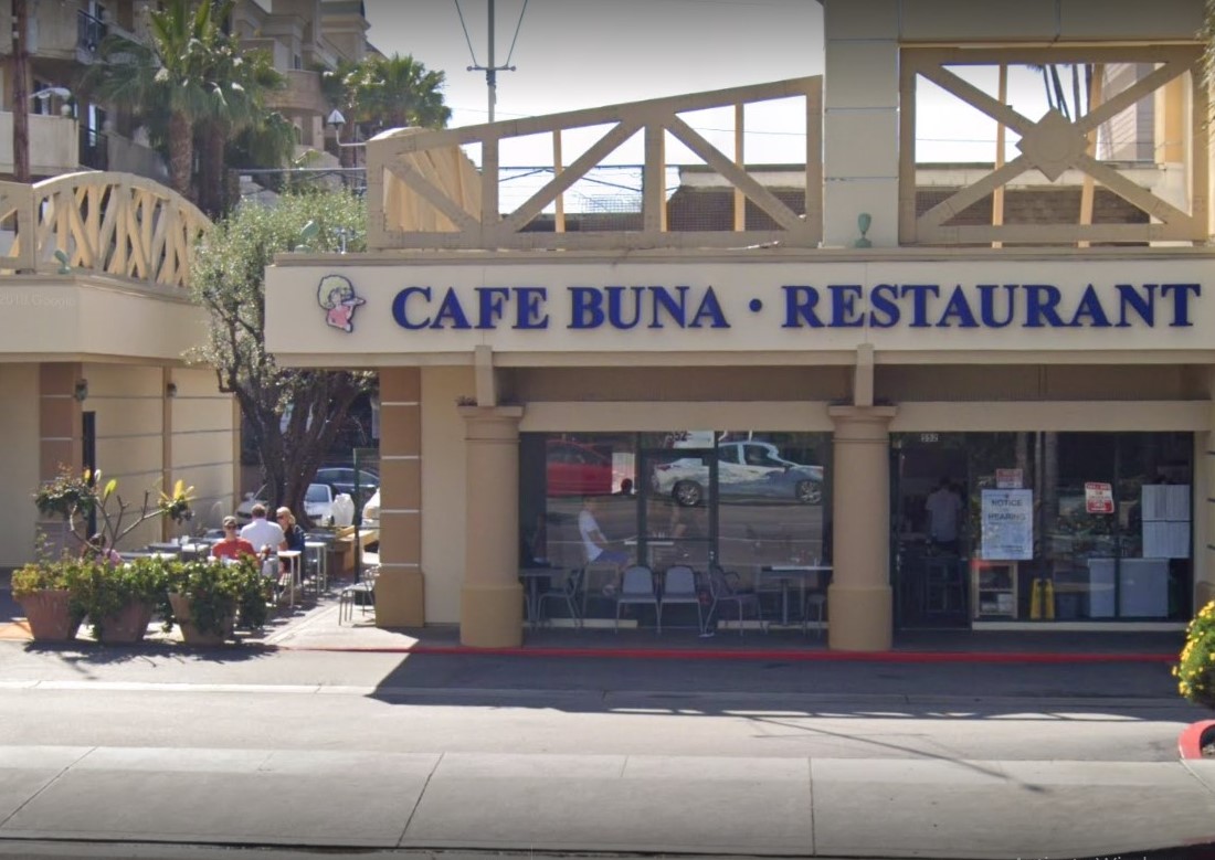 Outdoor dining patio of Cafe Buna restaurant in Marina del Rey