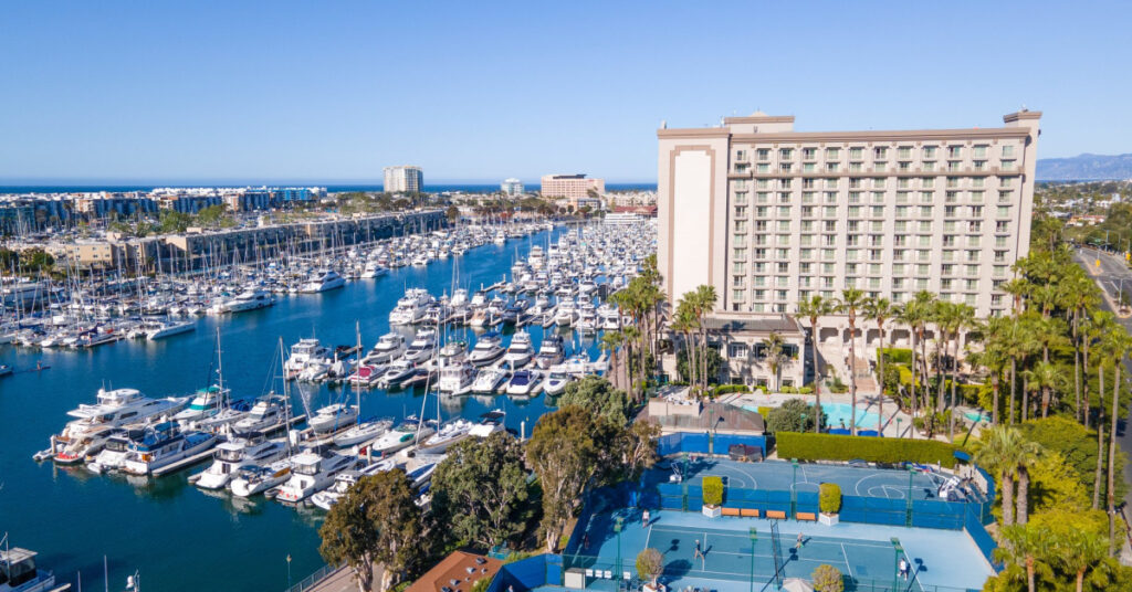 Aerial view of The Ritz-Carlton, Marina del Rey and harbor with boats