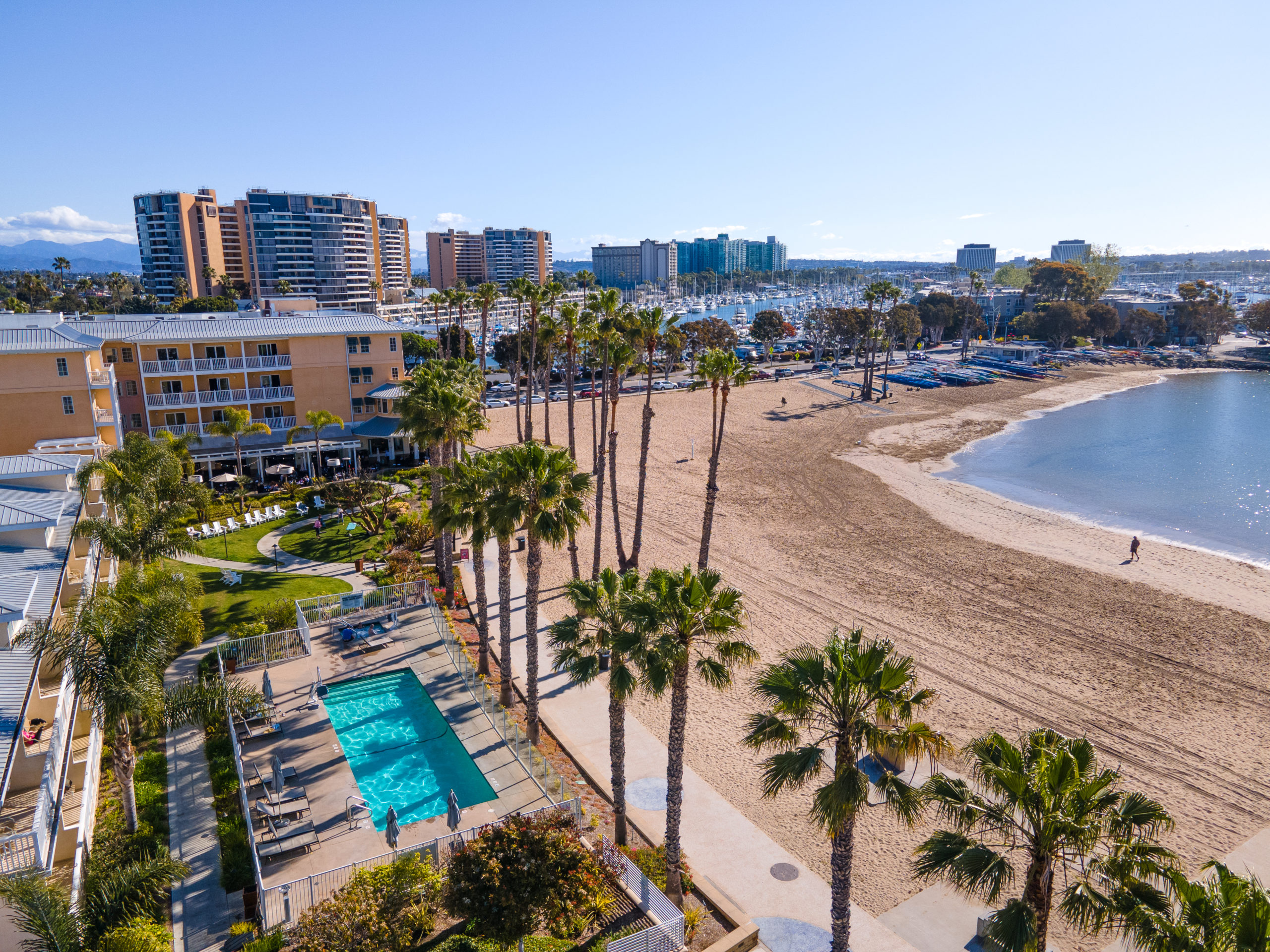 View of hotel pool, palm trees, beach and buildings next to sandy beach