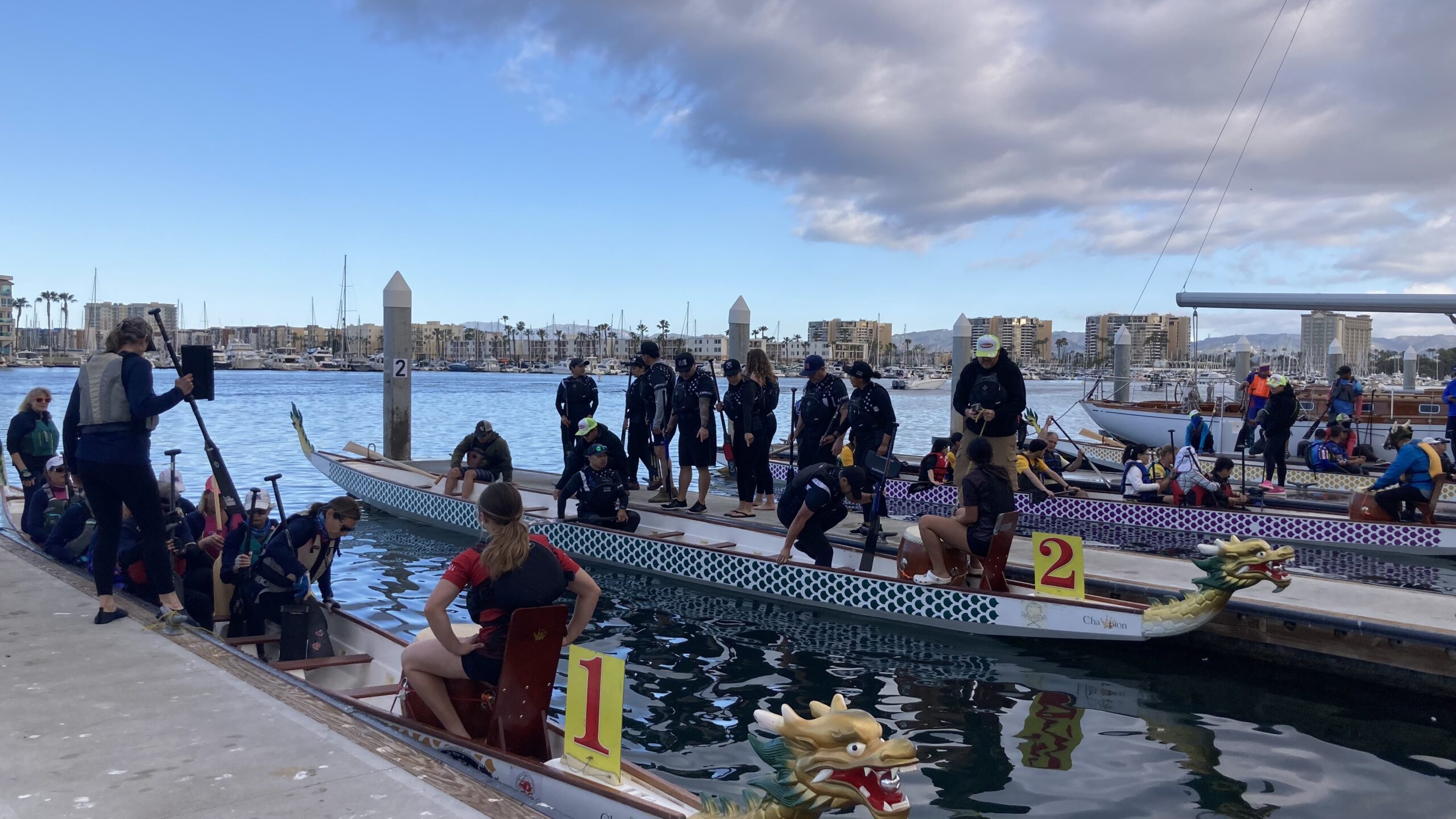 Dragon boat races at docks in Burton Chace Park, Marina del Rey